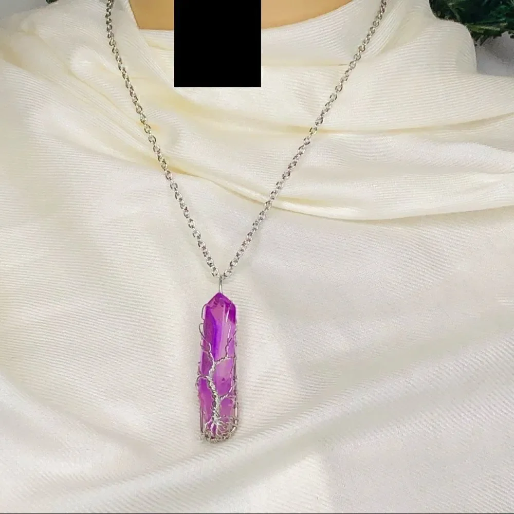 Wire Wrapped Quartz Crystal Necklace Tree of Life, Lavender - Picture 6 of 15